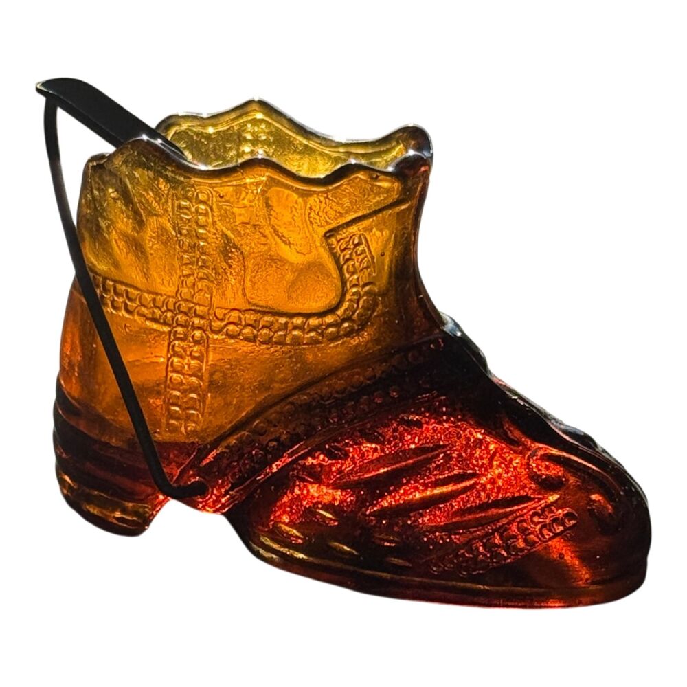 Glass Shoe Boot Norleans Vibrant Amberina Ashtray Metal Cigarette Rest Taiwan